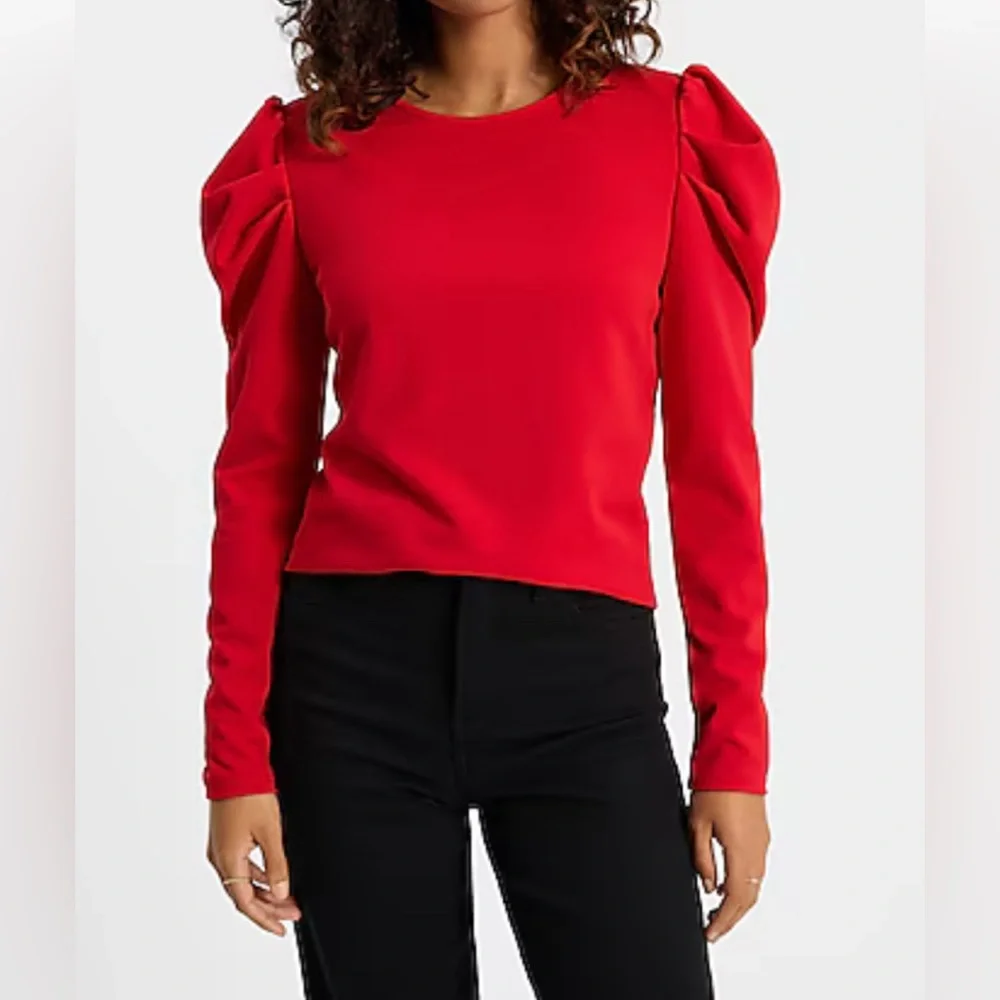 EXPRESS Crew Neck Puff Long Sleeve Tee SMALL Lipstick Red Blouse Top - Picture 1 of 13